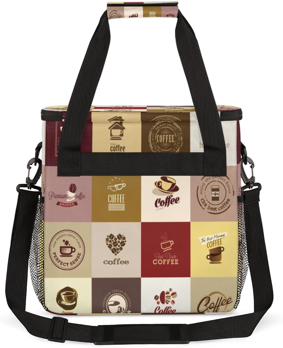 Set of Coffee Icons Maker Carring Bag Travel Carrying Storage Tote Compatible with Keurig K-Mini or Plus Portable Single Serve Brewer Case Pockets for K-cup Pods