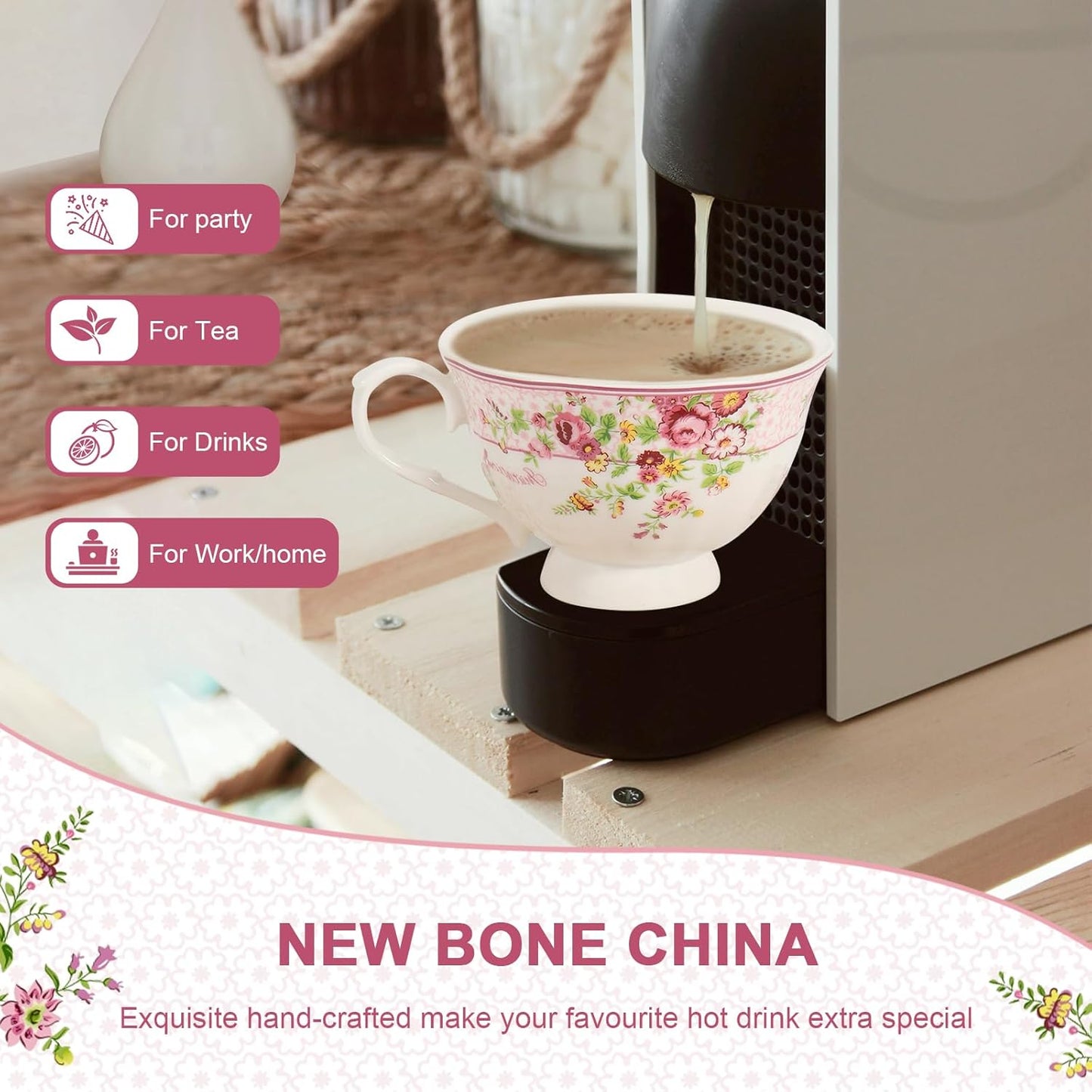 Cup and Saucer Sets of 6 with Spoon, 8oz Ceramic Tea Cups Saucers Set Porcelain New Bone China Floral Vintage Coffee Cup & Saucer Sets -Microwave Dishwasher Safe (Pink)