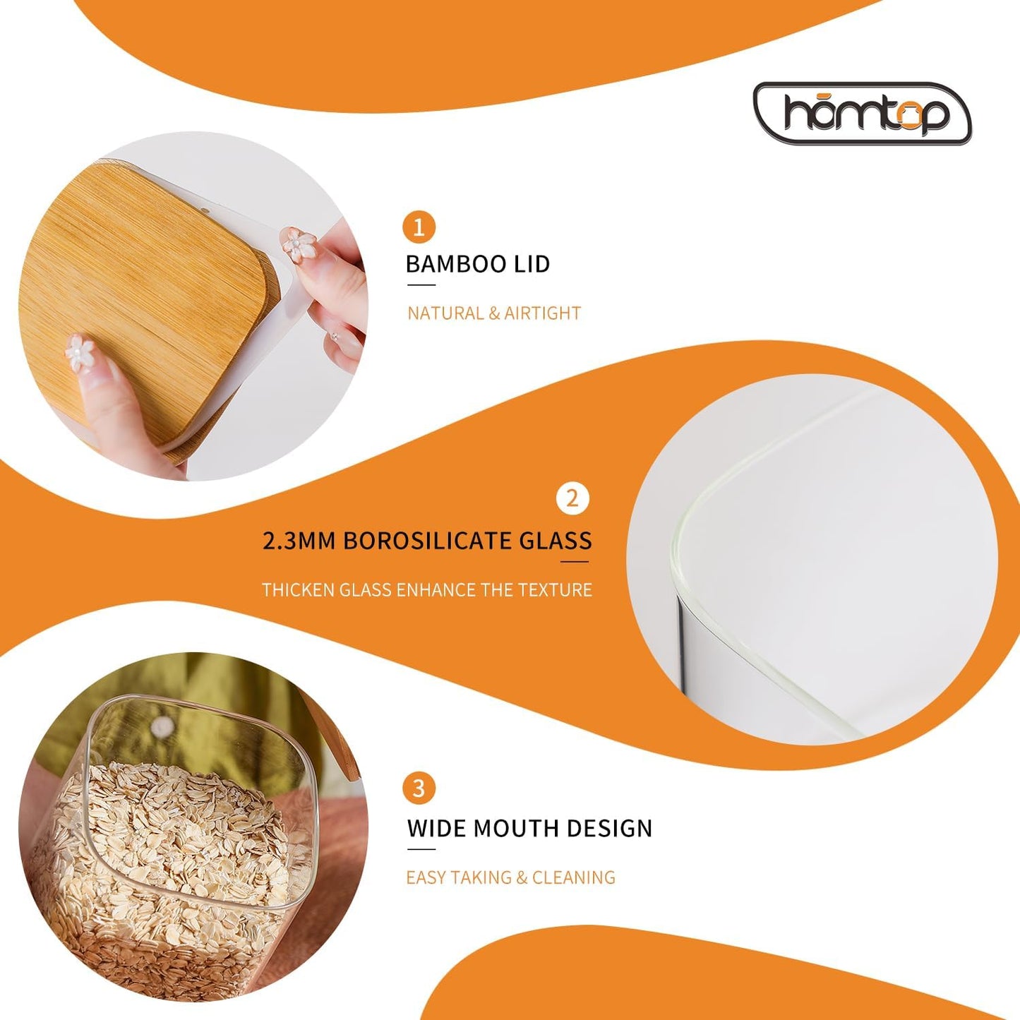 Glass Food Storage Containers with Lids 6 Pack(25oz/37oz/50oz), High Borosilicate Glass Jars for Coffee Bean, Candy, Cookie, Flour, Square