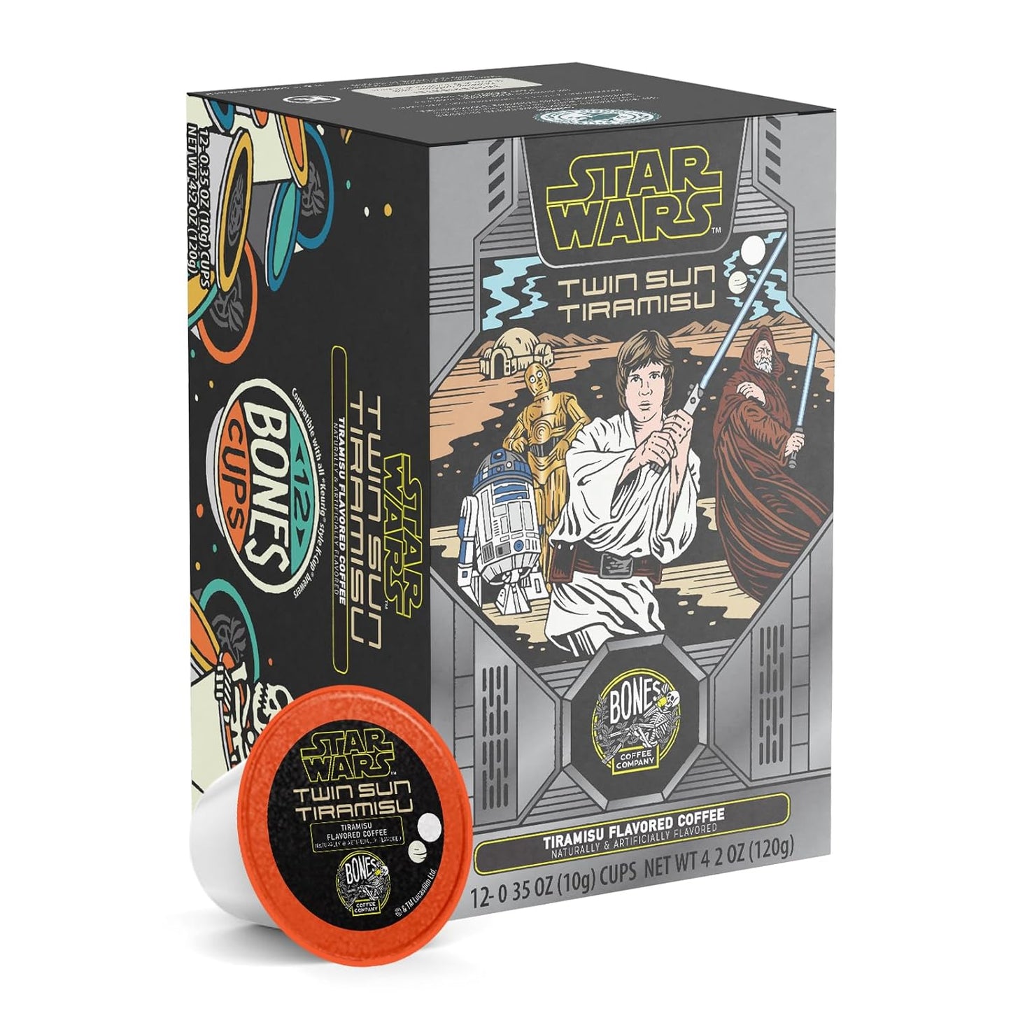 Bones Coffee Company Star Wars Twin Sun, Tiramisu Flavored Coffee Pods, Low Acid Medium Roast Single-Serve Bones Cups For 1.0 & 2.0 Capsule Brewers Coffee Maker, 12 Count