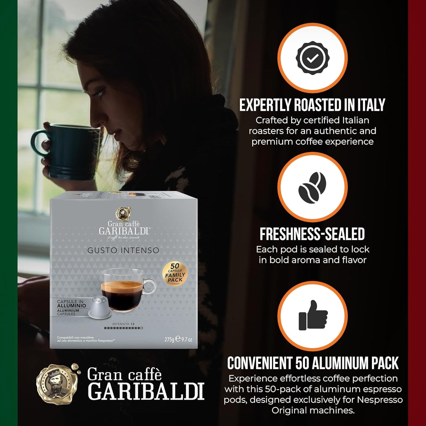 Gran Caffè Garibaldi Espresso Pods, Italian Roasted Coffee, Compatible Nespresso Original Line Machines, Nitrogen Flushed, Strong & Intense, Cocoa & Dried Fruit, Dark Roast - Gusto Intenso (Aluminum) 200 Cups