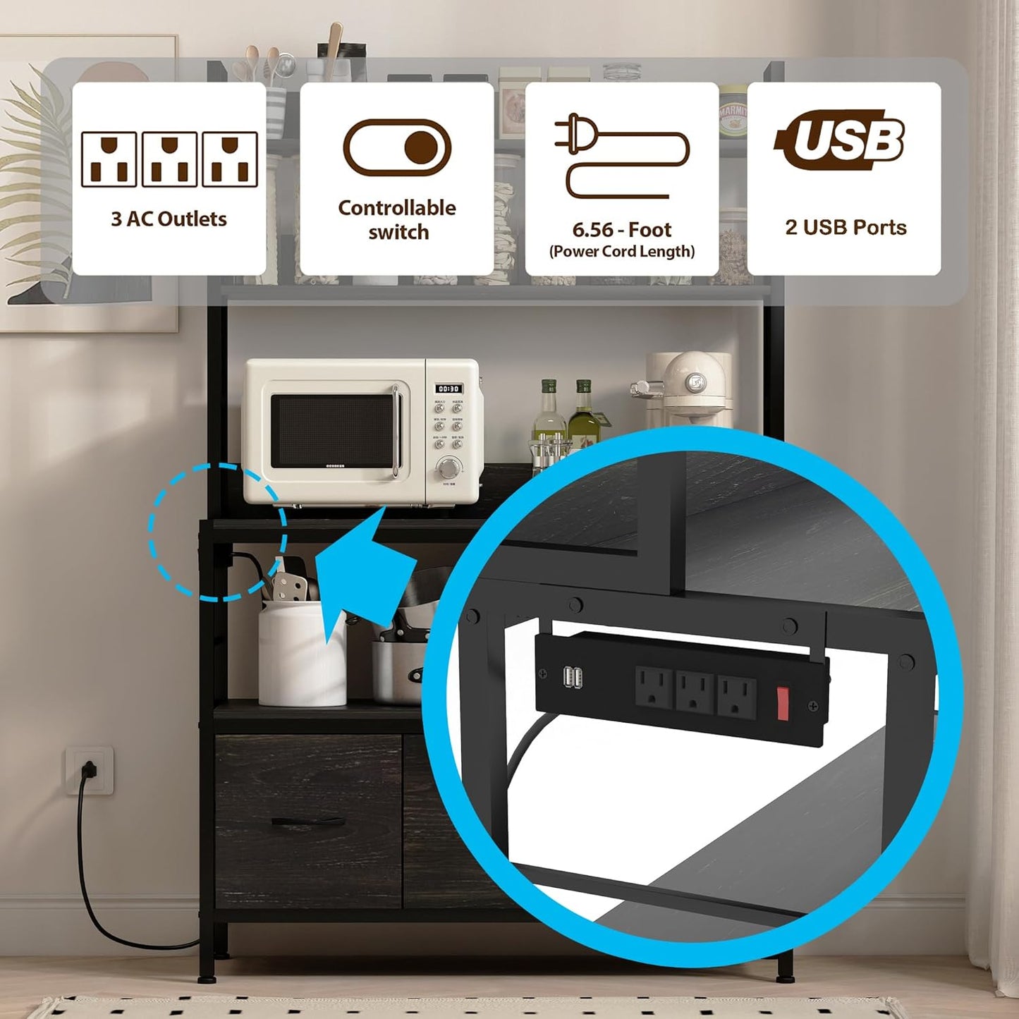 Bakers Rack with Power Outlet,5-Tier Free Standing Kitchen Storage Shelf Bakers Rack with Baskets,Industrial Microwave Oven Stand,Metal Kitchen Rack Organizer with Hooks(Black)
