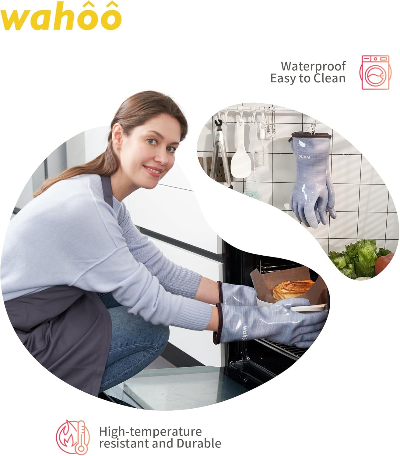 wahoo Professional Liquid Silicone Oven Mitts Gloves, Heat Resistant Gloves for Cooking, Baking, CoralAir Liner, 12 Inch, Purple, XXL