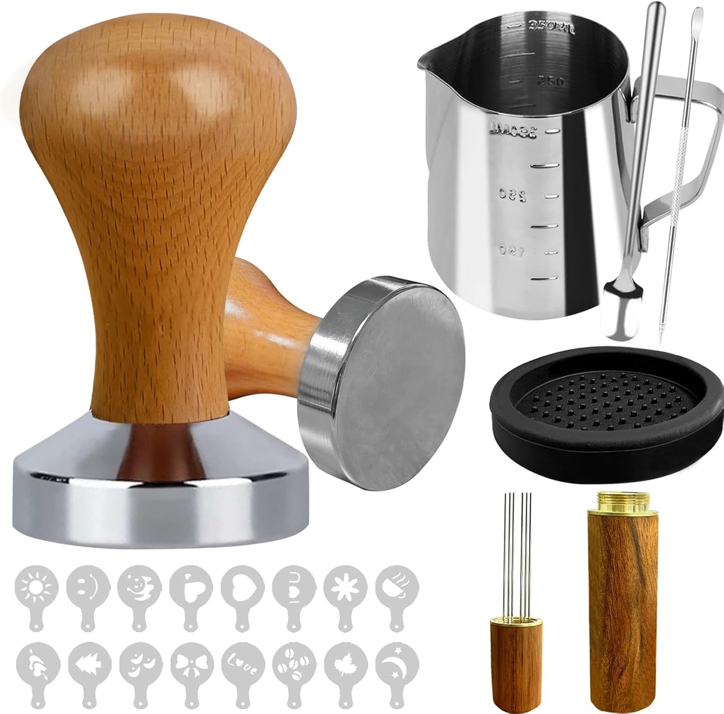 22 PCS Coffee Espresso Tamper Set, 51mm Espresso Accessories with Espresso Tamper, WDT Tool, Coffee Stirrer, Frothing Pitcher, Latte Art Pen, Tamper Mat, Coffee Stencils for Espresso Machine