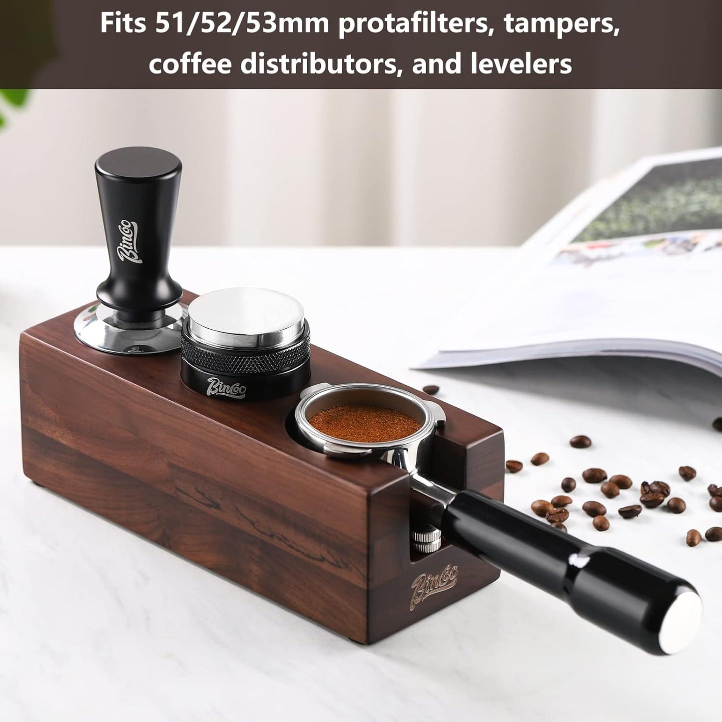 Bincoo Anti-Slip Tamper Holder Station-Wooden Tamper Holder Station for 51-53mm Portafilters,Tamper and Distributor (Walnut)