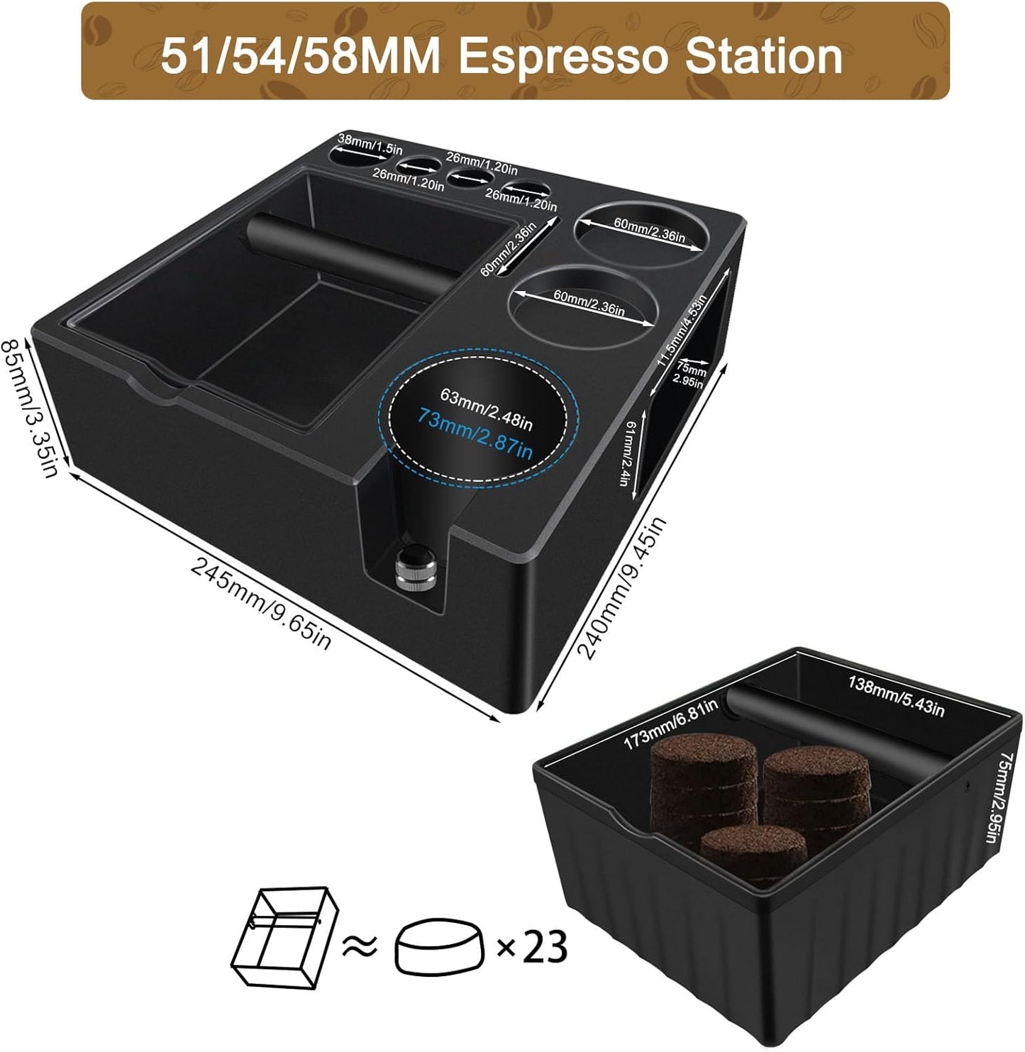 Espresso tamping station knock box,tamper station,Espresso station fit for storage 51-58mm tamper,distributor,portafilter,puck screen accessories,9 in 1 espresso knock box and tamper station