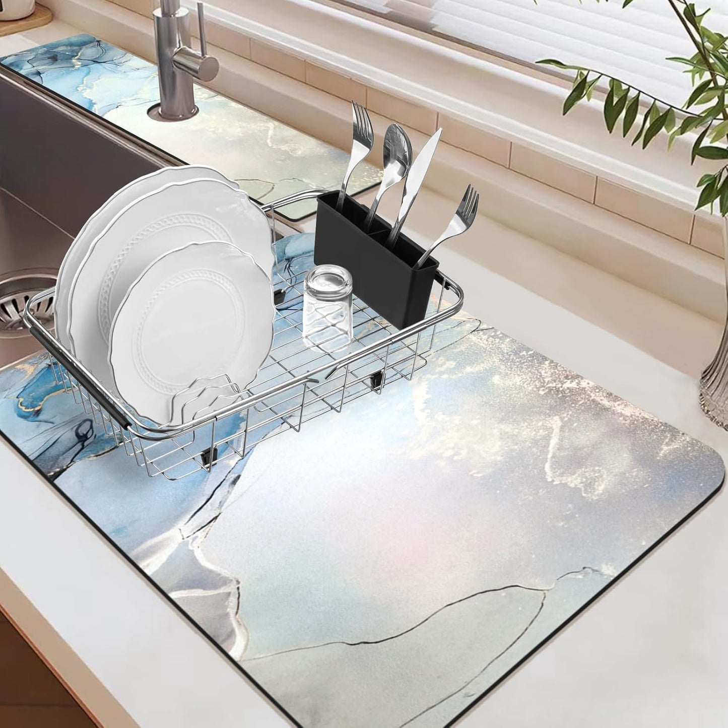 19.5" x 12" Dish Drying Mat & 24" x 5.5" Sink Splash Guard, Super Absorbent Drainer Rack Mat for Kitchen Counter Coffee Bar