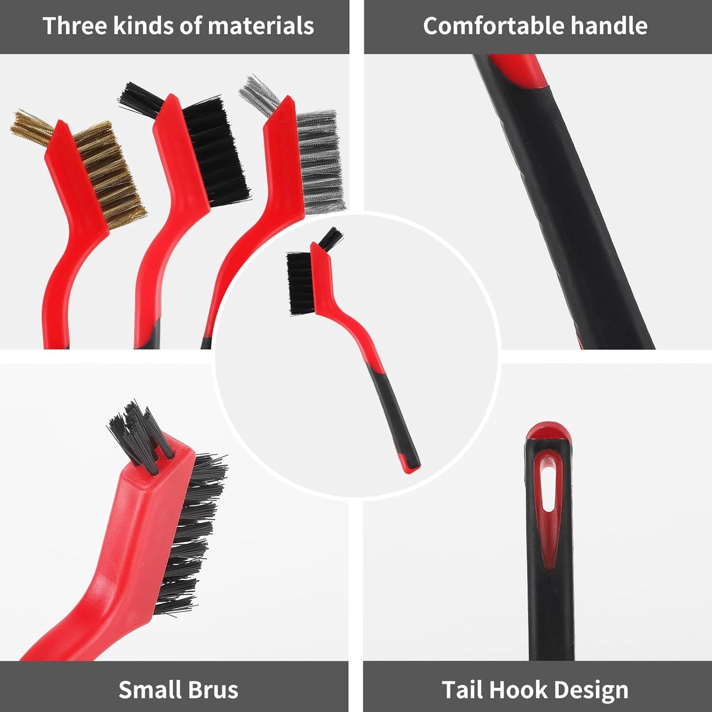 A A IN 6-Pack Wire Brush Set Nylon/Brass/Stainless Steel Bristles with Curved Handle Grip Scratch Brushes for Deep Cleaning and Rust Removing Small Cleaning Brushes - 7 Inches (Red)