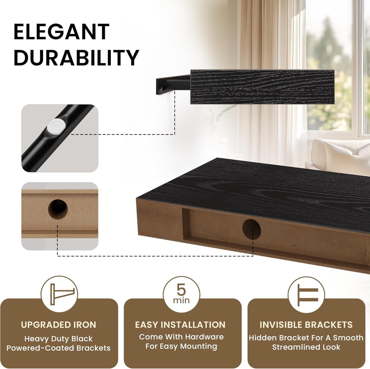 Floating Shelves for Wall, 55"W x 9.3"D x 1.5"H, Long Wooden Wall Mounted Display Shelves with Invisible Brackets for Living Room, Bedroom, Bathroom, Kitchen Decor and Storage, Set of 1, Black