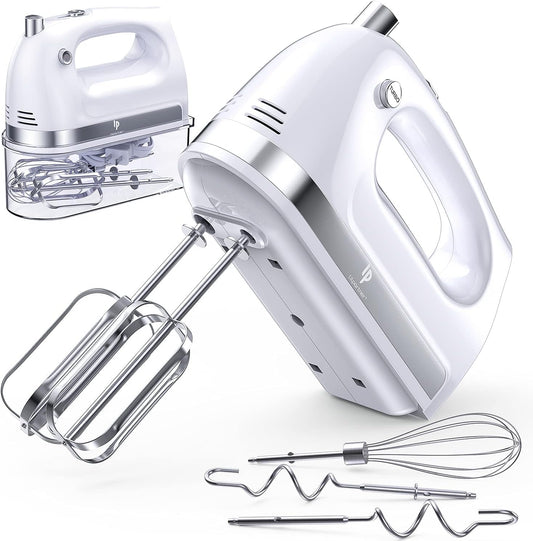 Hand Mixer Electric, 400W Food Mixer 5 Speeds Handheld Blender, 5 Stainless Steel Accessories, Storage Box, Kitchen Blender with Cord for Cream, Cookies, Dishwasher Safe, White