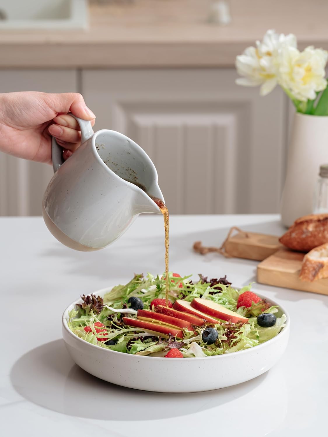 famiware Milkyway 13oz Creamer with Handle, Ceramic Coffee/Milk/Sauce/Serving/Salad Pitcher Jug, Stoneware Maple/Syrup Dispenser, Milk Frother Cup, Microwave and Dishwasher Safe, Light Gray