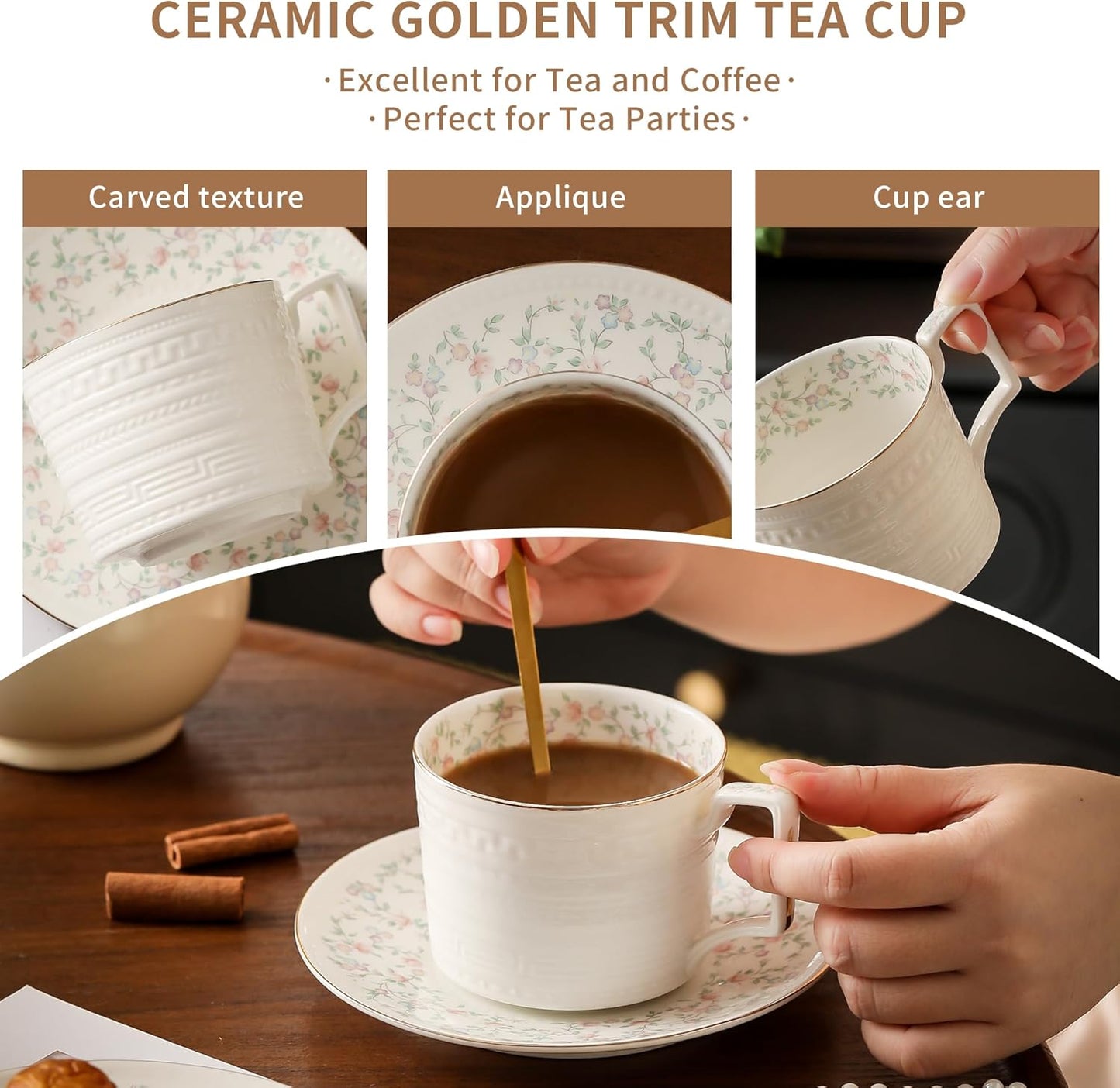 8.8 oz Cappuccino Cups with Saucers and Spoons,Embossed Bone China tea cups and Saucer Sets,3 Pieces, Vintage Style,Coffee Cup & Saucer Set For Women Wedding/Birthday/Christmas Gift