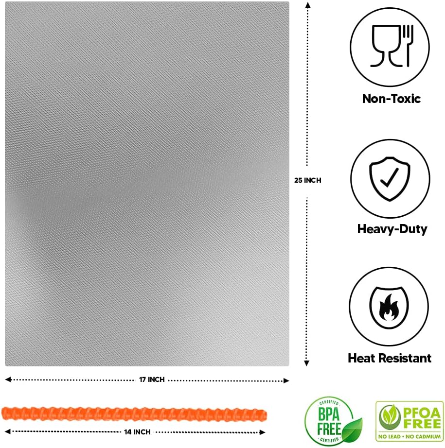 Oven Liners for Bottom of Oven Silver (2-pack) Bundled with Rack Shield (2-pack) - Large Mat for Bottom of Stove (17"x 25") and 14" Orange Range Guards for Racks - Reusable & Heat Resistant