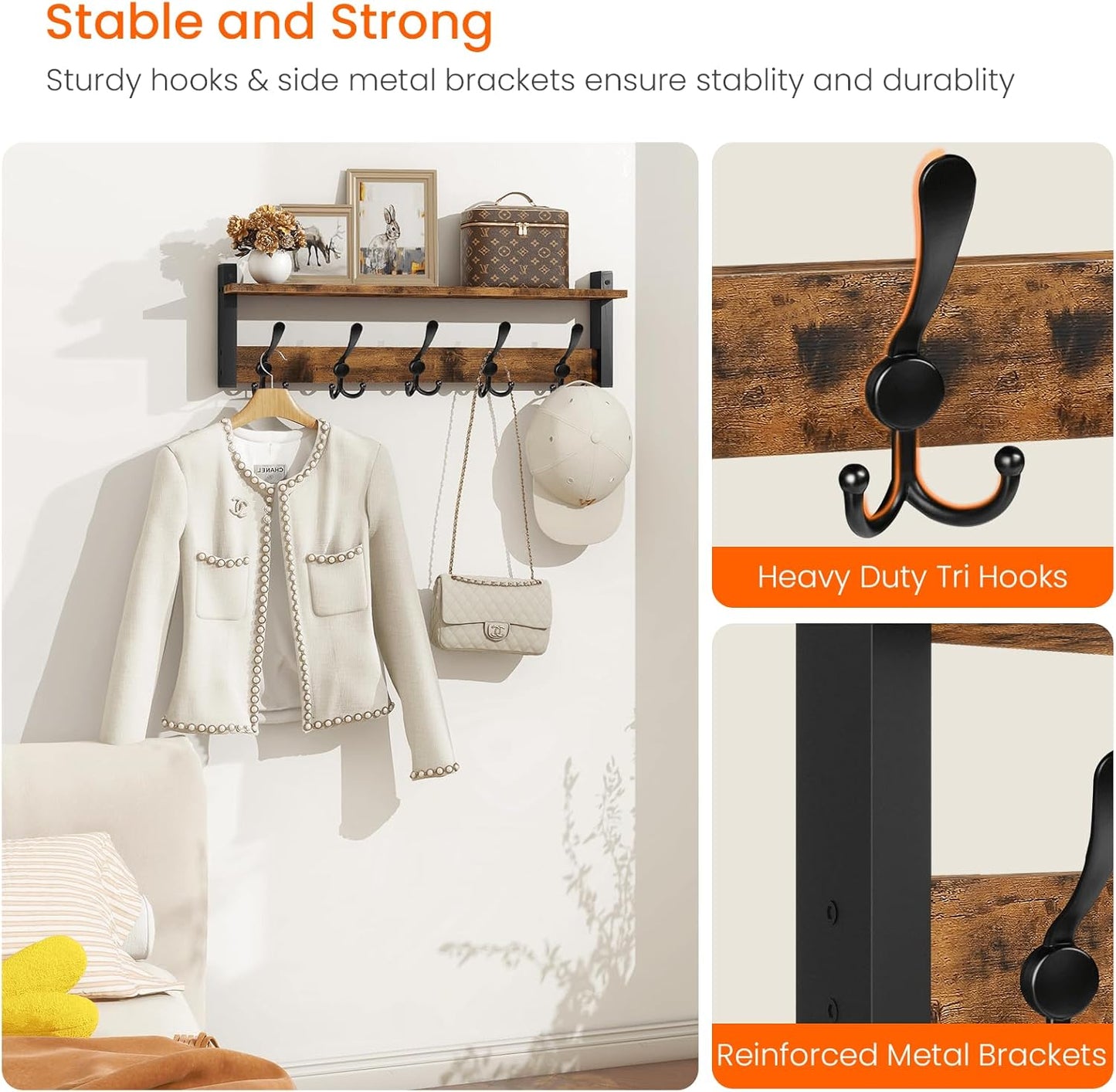 Homode Rustic Brown Wall Mount Coat Rack with Shelf and 5 Tri Hooks, Wood Coat Hangers for Hanging Hat, Towel, Purse, Jacket