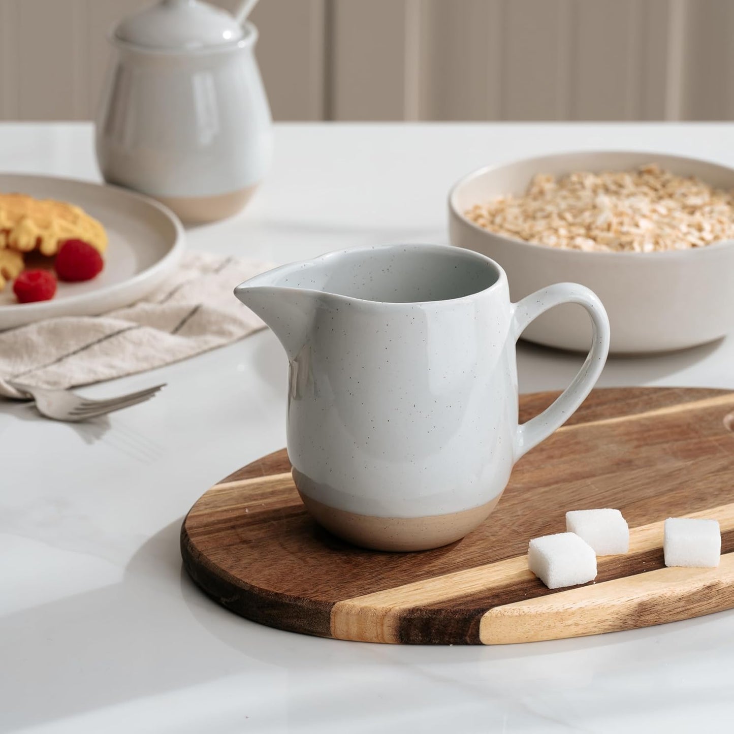 famiware Milkyway 13oz Creamer with Handle, Ceramic Coffee/Milk/Sauce/Serving/Salad Pitcher Jug, Stoneware Maple/Syrup Dispenser, Milk Frother Cup, Microwave and Dishwasher Safe, Light Gray