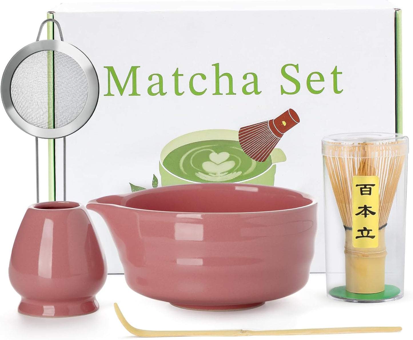 5PCS Matcha Set - 17OZ Ceremonial Bowl with Spout, Bamboo Whisk (Chasen), Stainless Sifter, Scoop & Holder, Matcha Kit for Matcha Lovers, Pink