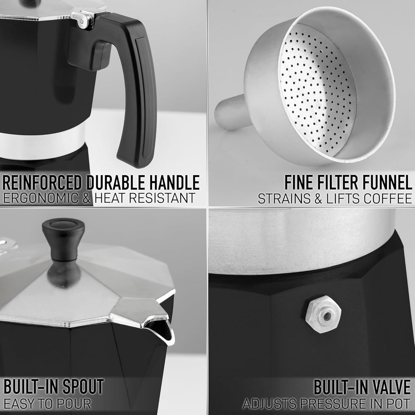 Zulay Moka Pot Espresso Stovetop Coffee Maker - Leak-Proof, Stainless Steel, Easy to Clean, Heat Resistant Handle & Knob - for Authentic Cuban & Italian Style Espresso - Makes 9 Espresso Cups - Black