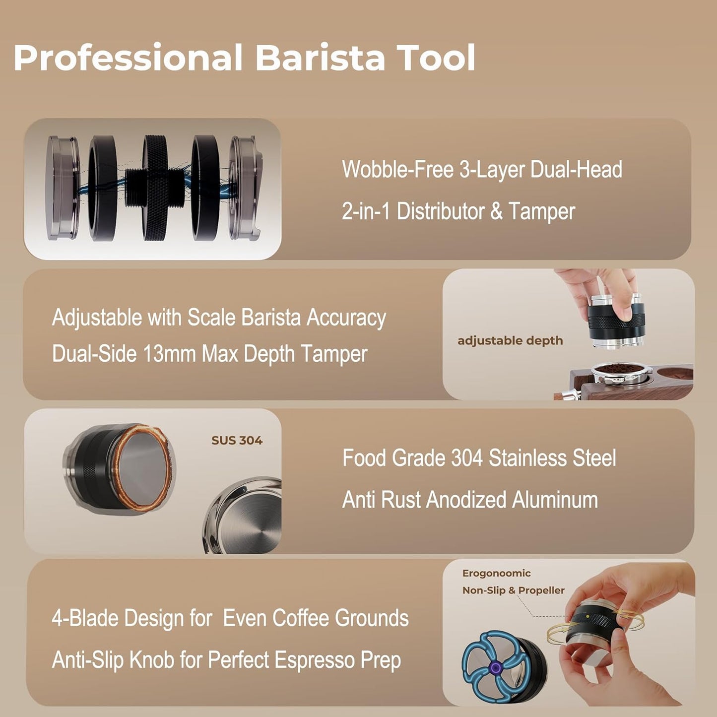 51mm Coffee Distributor & Tamper - Dual Head Adjustable Depth for Breville Barista Pro/Express/Touch - 304 Stainless Steel Coffee Leveler and Hand Tamper, Black