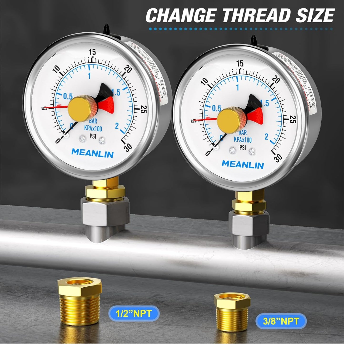 MEANLIN MEASURE 0~30Psi Stainless Steel 1/4" NPT 2.5" FACE DIAL with Reset Pointer Liquid Filled Pressure Gauge WOG Water Oil Air, Lower Mount, with Brass Hex Bushing