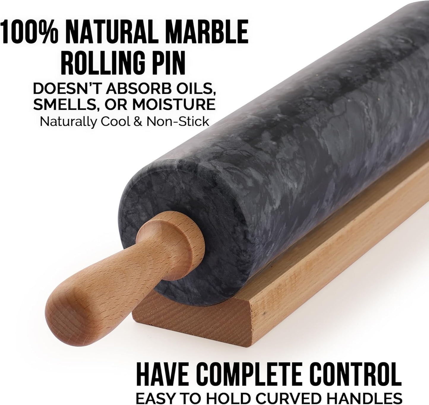 Zulay Kitchen 17-Inch Marble Rolling Pin With Stand - Polished Marble Rolling Pins For Baking - Long Rolling Pin Marble With Beechwood Handle - Non-stick Roller Pin For Baking Pastries, Bread & Pizza