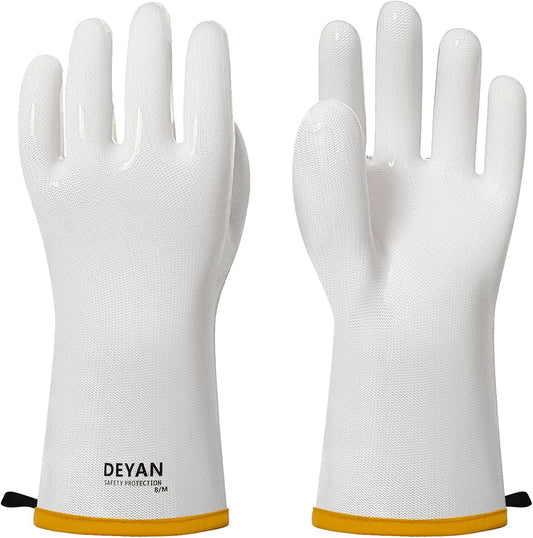 DEYAN Silicone BBQ & Oven Gloves - Food Grade, Heat Resistant Waterproof & Oil Proof Gloves for Grilling, Baking, Frying, Cooking - Long Sleeve & Non-Slip Grip, 1 Pair (White, 10/XL)