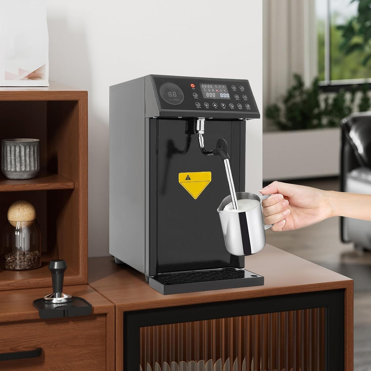 8L/2.11gal Commercial Steam Milk Frother, 3000W 5-Gear Fast Heating Milk Steamer Machine Electric Steam Milk Frothing Machine Espresso Coffee Milk Foam Machine for Bar Cafe