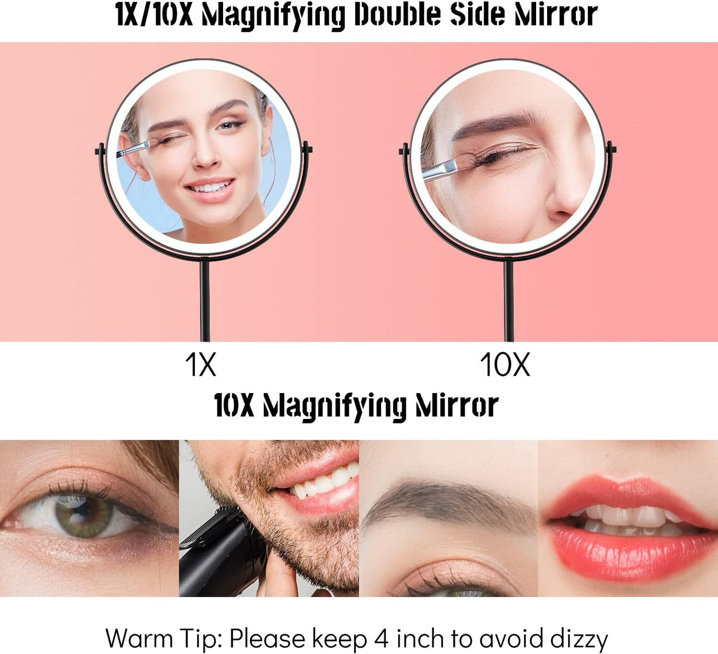 8” Lighted Makeup Mirror, 1X 10X Magnifying Mirror with Light, Double Sided Vanity Mirror with Lights, 3 Color LED Dimmable 2000mAh Rechargeable Black