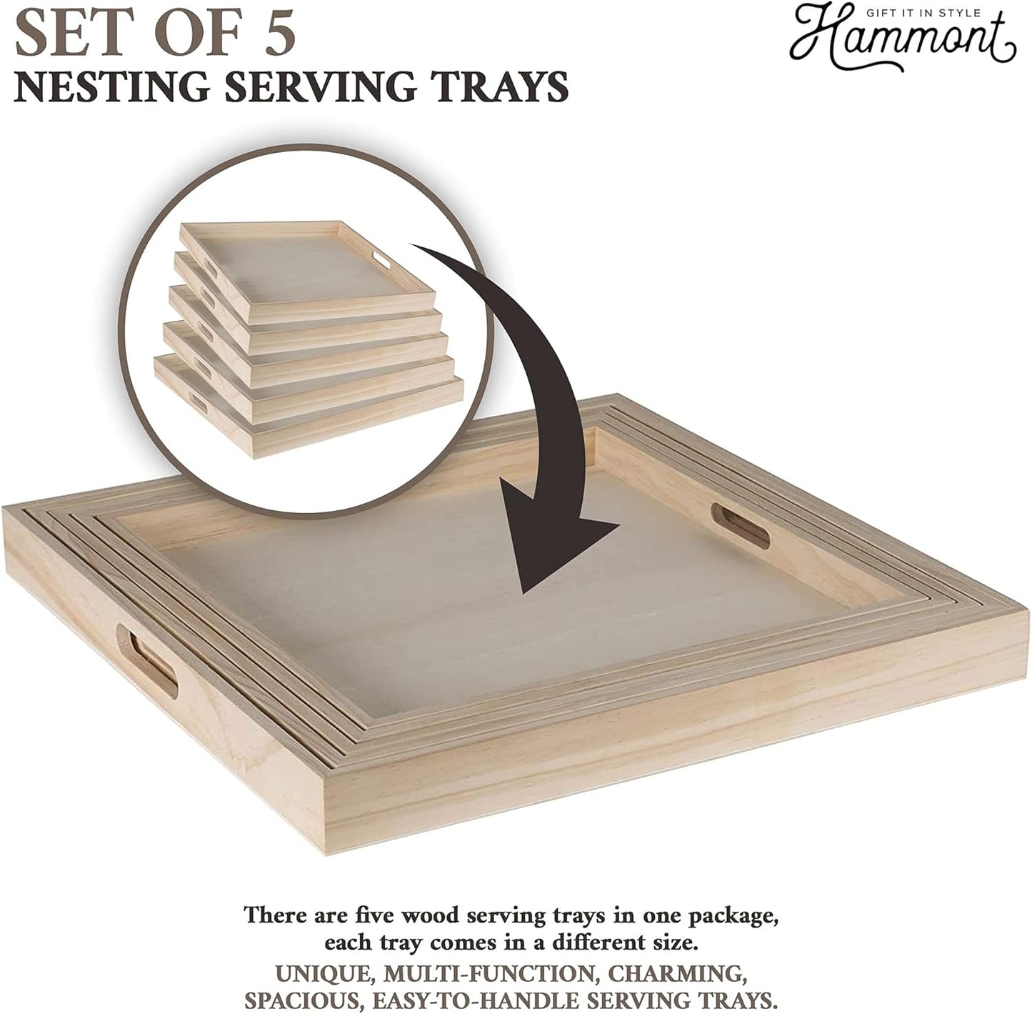 Hammont Wooden Square Trays - Five Piece Nested Serving & Organizing Trays - Rustic Brown Solid Wood - Set of 5 (16x16x1.5", 15.3x15.3x1.5", 14.5x14.5x1.4", 13.75x13.75x1.25", 13x13x1.1")