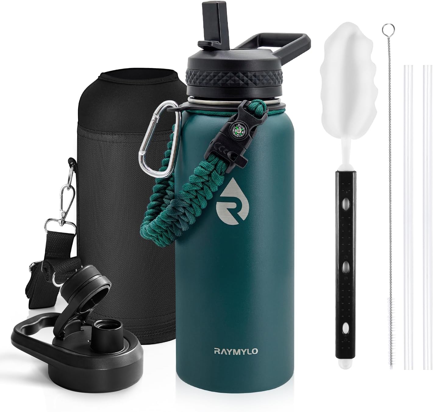 Insulated Water Bottle 32 oz, Triple Wall Vacuum Stainless Steel (Cold for 48 Hrs), Leak Proof & Non-BPA, Modern Water Flask Jug with Paracord Handle & Straw Spout Lids, Dark Green