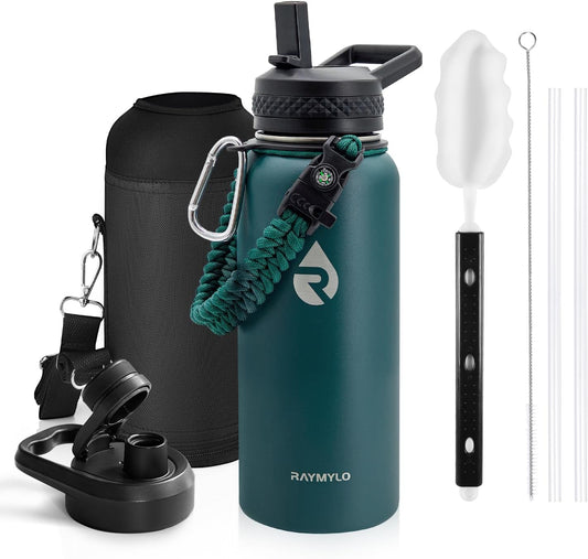 Insulated Water Bottle 32 oz, Triple Wall Vacuum Stainless Steel (Cold for 48 Hrs), Leak Proof & Non-BPA, Modern Water Flask Jug with Paracord Handle & Straw Spout Lids, Dark Green