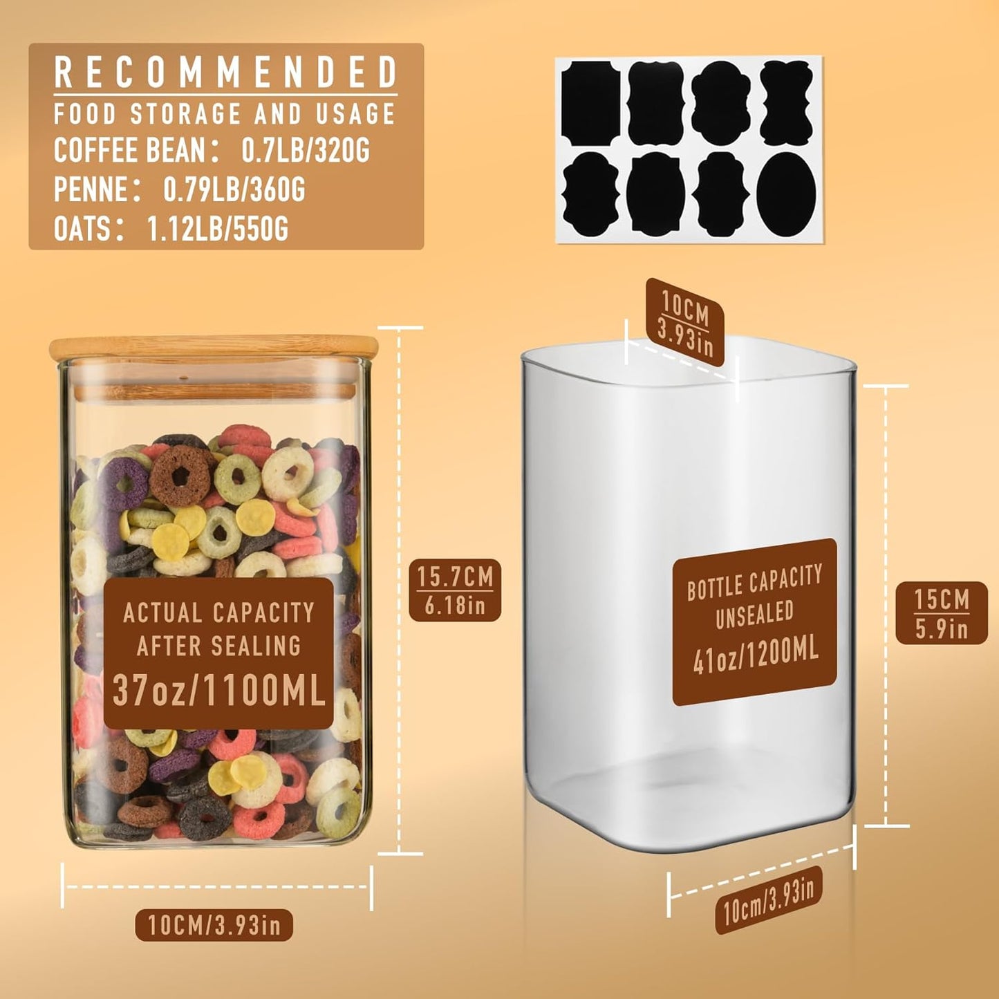 41oz Airtight Glass Square Storage Canister with Bamboo Lid Set of 4 (1200ml) Container Stackable Jar, Kitchen Canister for Pantry Noodles, Flour and Coffee beans (‎with Black Lable)