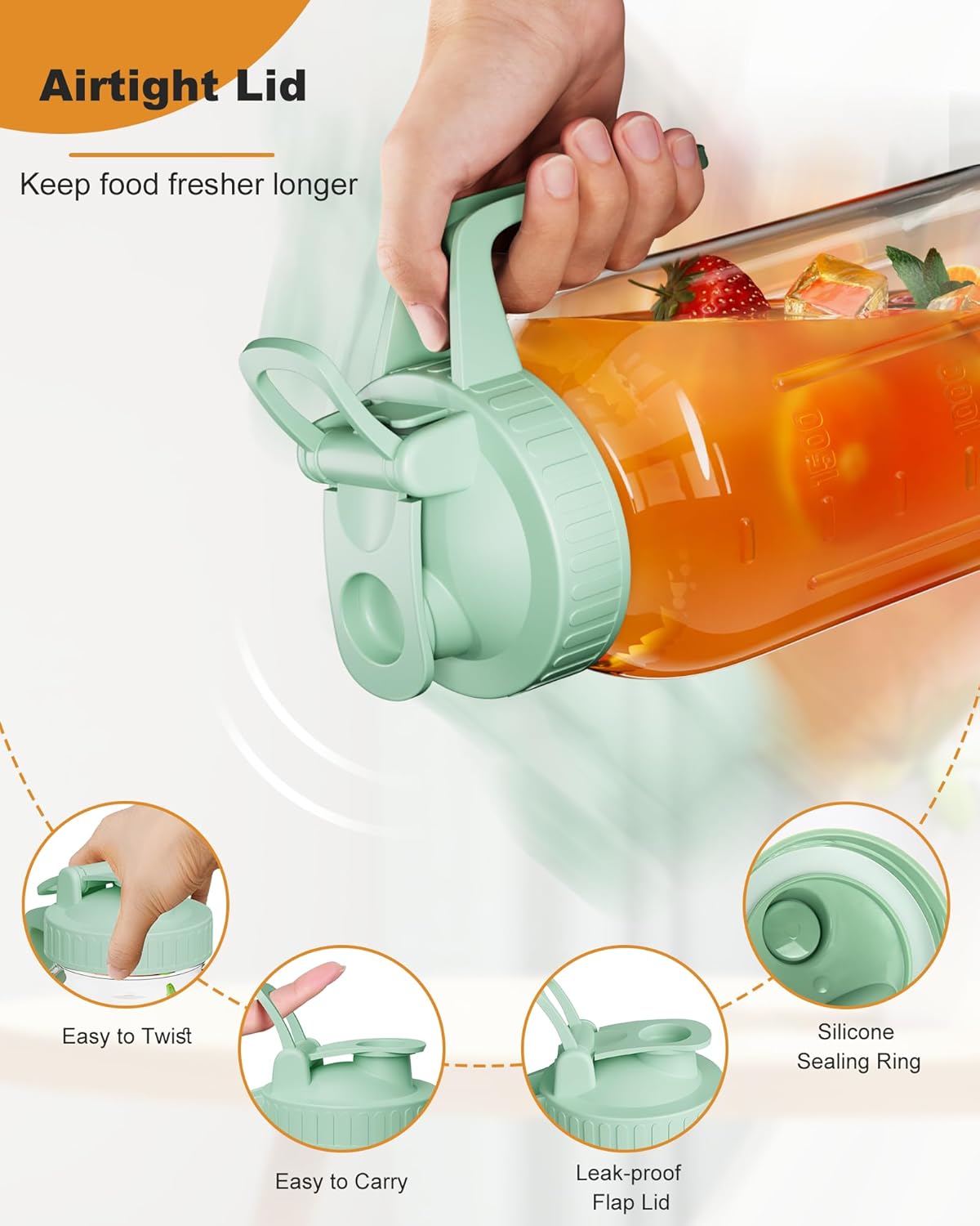 64oz Glass Mason Jar Pitcher with Lid and Spout, 2 Quart Airtight Glass Water Jug, Leakproof Wide Mouth Mason Jar Pitcher for Iced Sun Tea, Milk Storage, Cold Brew Coffee, Juice, Green