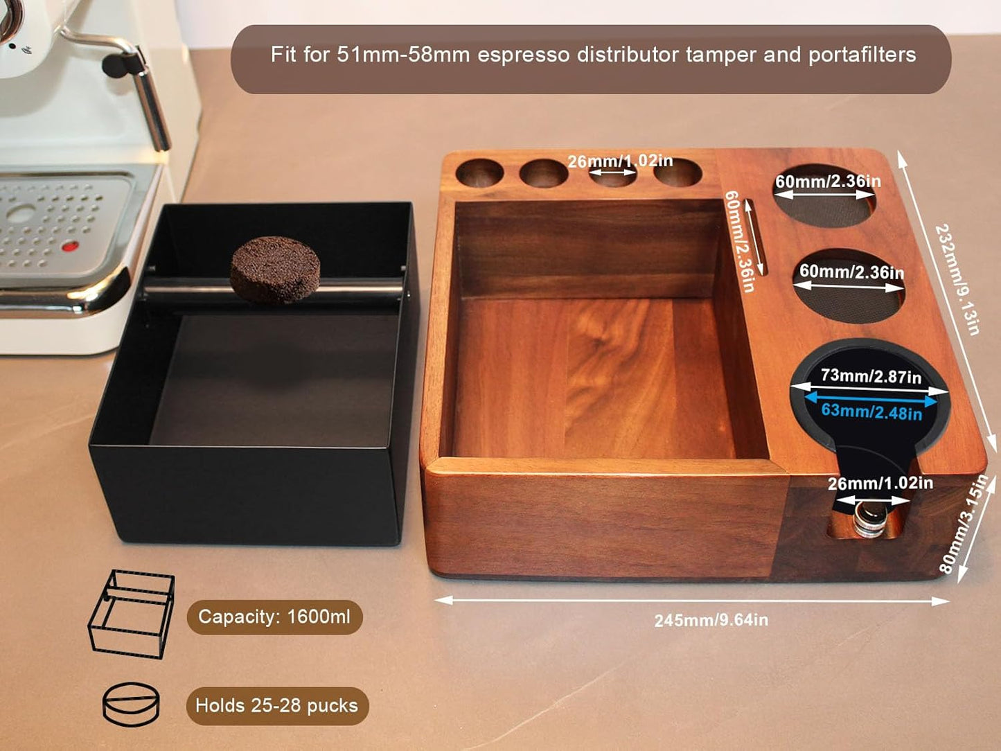 Espresso tamping station knock box,tamper station,Espresso station fit for storage 51-58mm tamper,distributor,portafilter,puck screen accessories,9 in 1 espresso knock box and tamper station