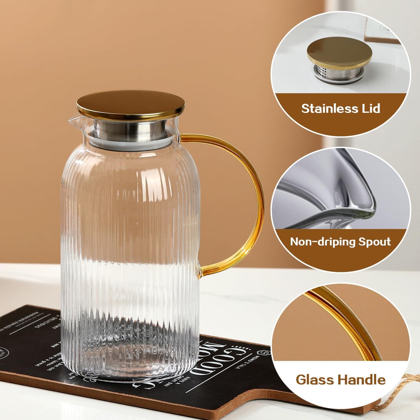 68 oz/2 Liter Glass Pitcher with Lid,Hand Blown Glass Water Pitcher for Cold Brew Coffee,Hot Water, Milk, Modern Vertical Stripes Iced Tea,Father's Day Gifts