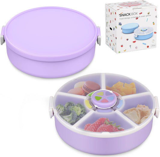 Kids' Rotating Snack Container Set – 2-Pack, Includes 1 Rotating Snack Container & 1 Round Sectioned Snack Box, BPA-Free, Dishwasher Safe, Perfect for Travel-Purple