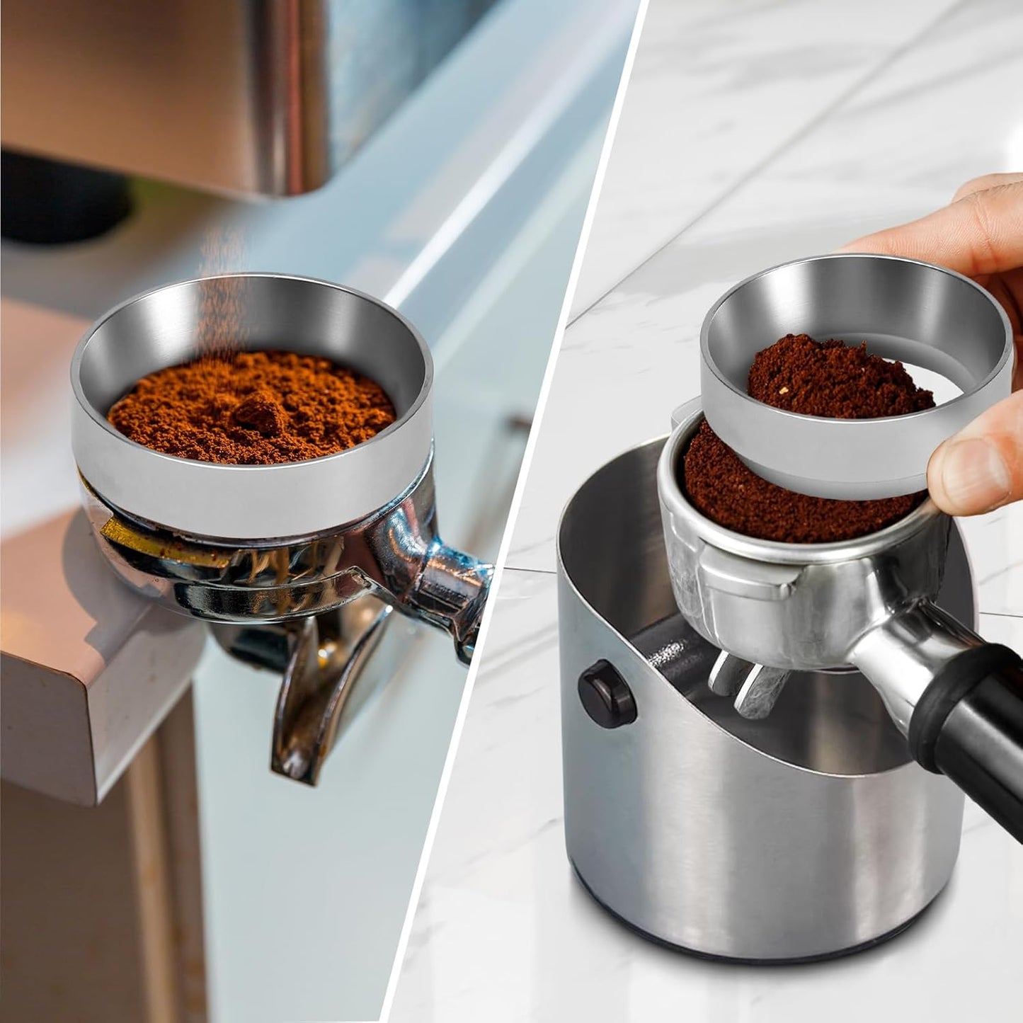 49MM Espresso Dosing Funnel With Magnetic Coffee Ring, Powder Ring Dispenser Doser for Portafilter Accessory, Espresso Distribution Tool, Coffee Tamping Manual Coffee Making Tool (Silver)