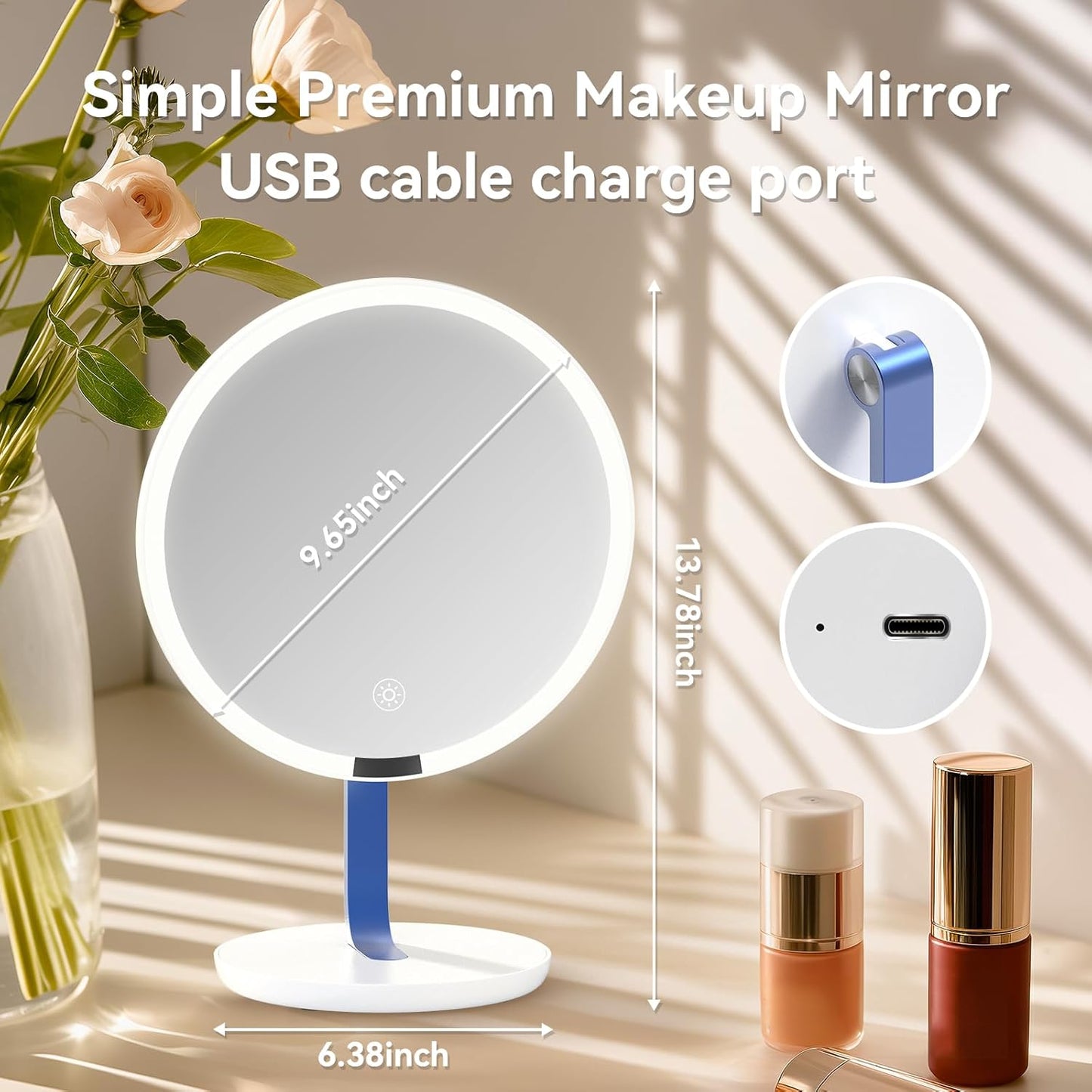 9.65-inch Lighting Makeup Mirror, 1x / 10x,Touch Control,3-Color Adjustable,Metal Stand,up and Down Adjustable Makeup Mirror, High Color Rendering, Eye-Protecting Light Source,Ultramarine