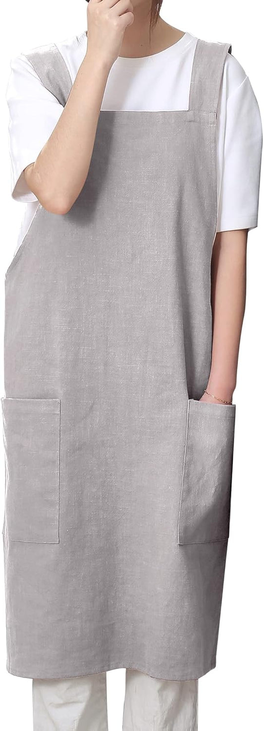 Soft Cotton Linen Apron for Women - Non-tie Cross Back Apron with Pockets, Great for Florist and Kitchen