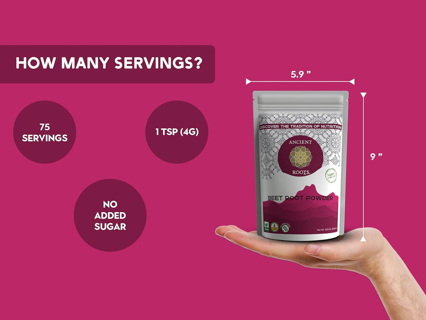 Ancient Roots Beet Root Powder - Freeze - Dried, All-Natural, No Sugar Added, Heart Health Support, Help Boost Stamina Naturally, Natural Food Coloring, Beets, Bulk Size 10.5 Ounces (75 Servings)