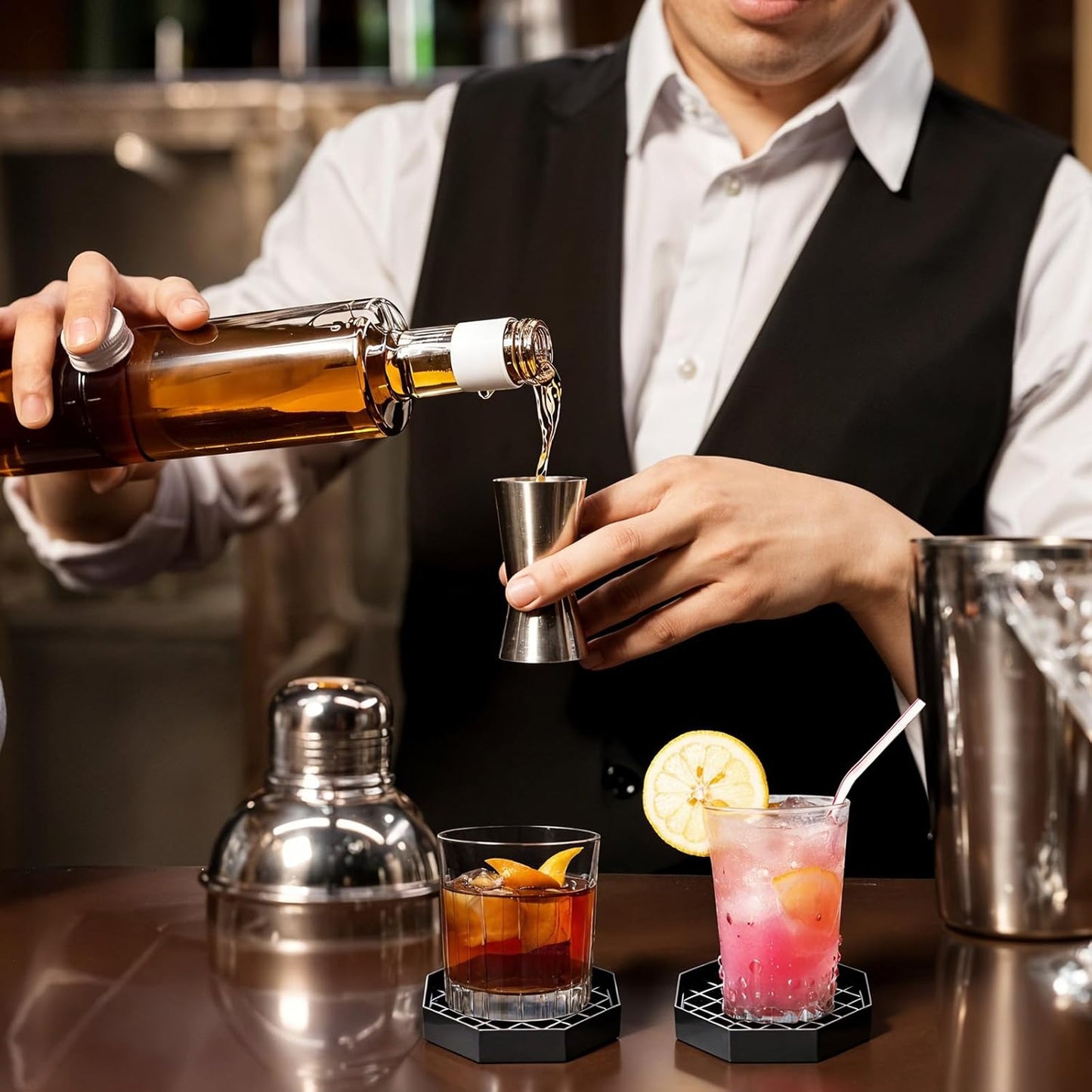 10 Pcs 4 Inch Coffee Drip Tray, Black Plastic Octagon Coffee Countertop Drip Coaster with Detachable Grid Drip Tray for Drink Dispenser Bar Restaurant Party