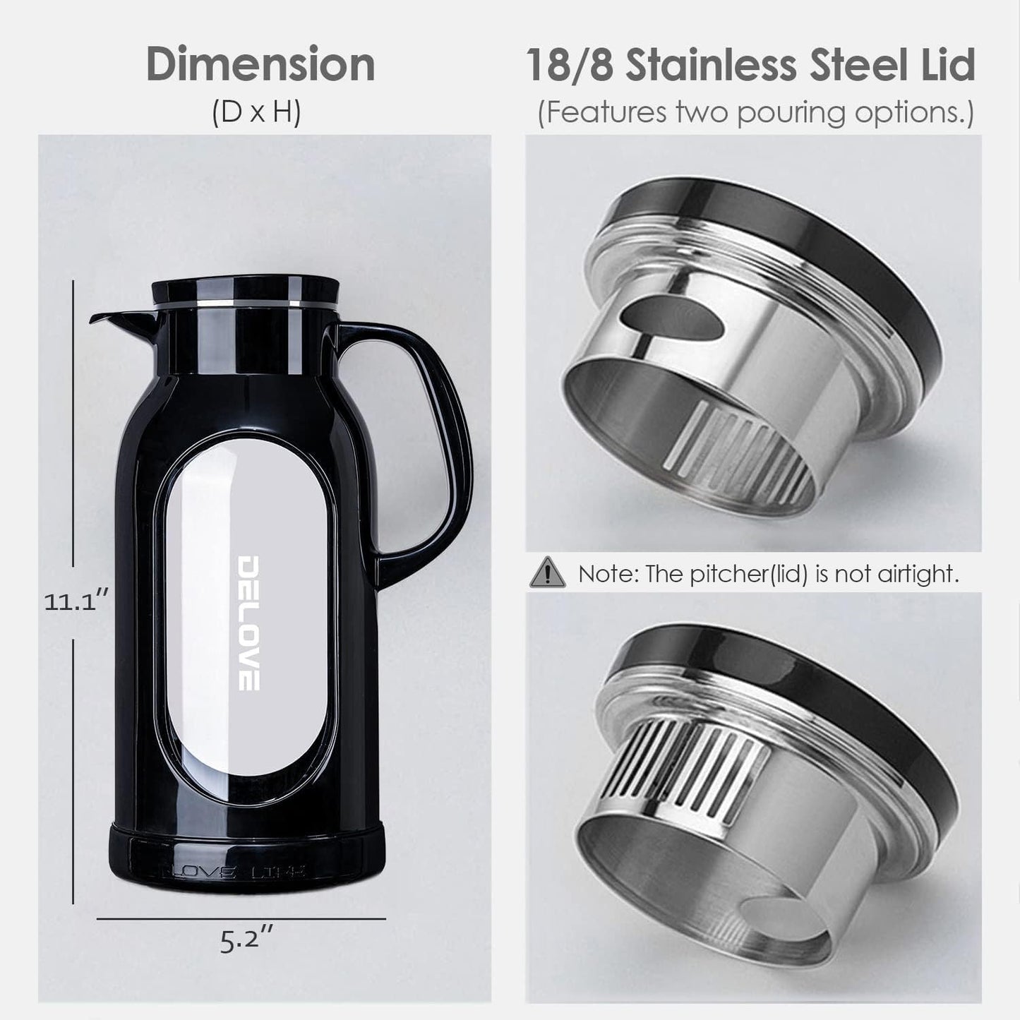 Delove 68 oz/2 Liter Glass Pitcher with Shatterproof Shell - Heat Resistant Glass Liner - Stainless Steel Lid - Carafe & Jug for Iced Tea,Hot/Cold Water,Homemade Juice Beverages (Black)