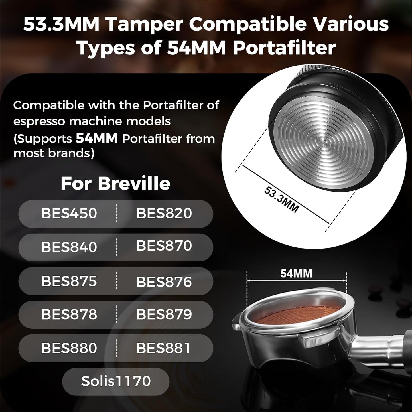 IKAPE Coffee Products, 53MM Espresso Tamper, Premium Barista Coffee Calibrated Tamper with Spring Loaded, 100% Stainless Steel Tamper Compatible with 54MM Breville Bottomless Portafilter (Black)