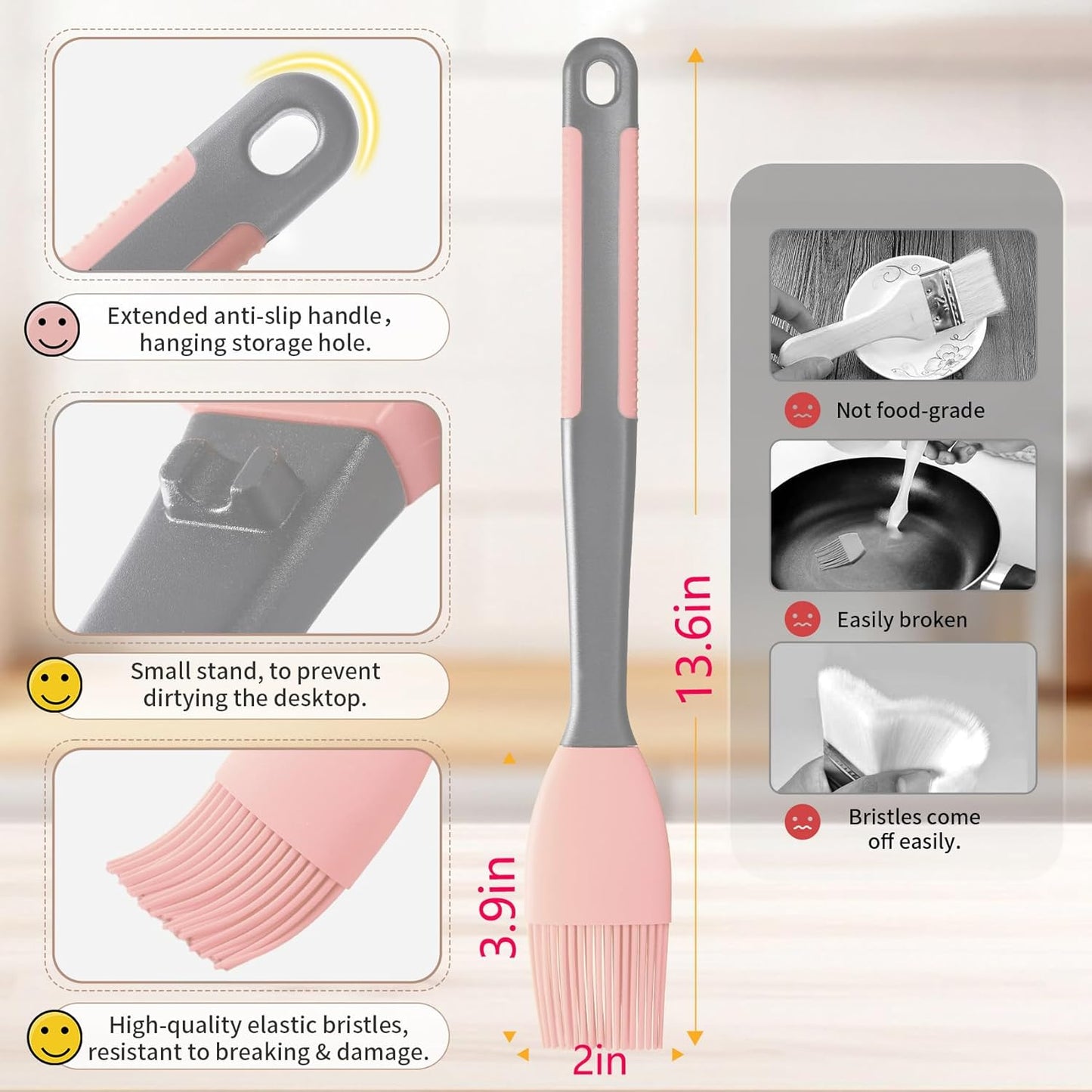 2Pcs Grill Basting Brush - Extra Long Silicone Basting Pastry Brush for Grilling 2inch Wide,Heat Resistant Brushes Spread Oil Butter Sauce Marinade for Cooking Baking BBQ(Pink 2)