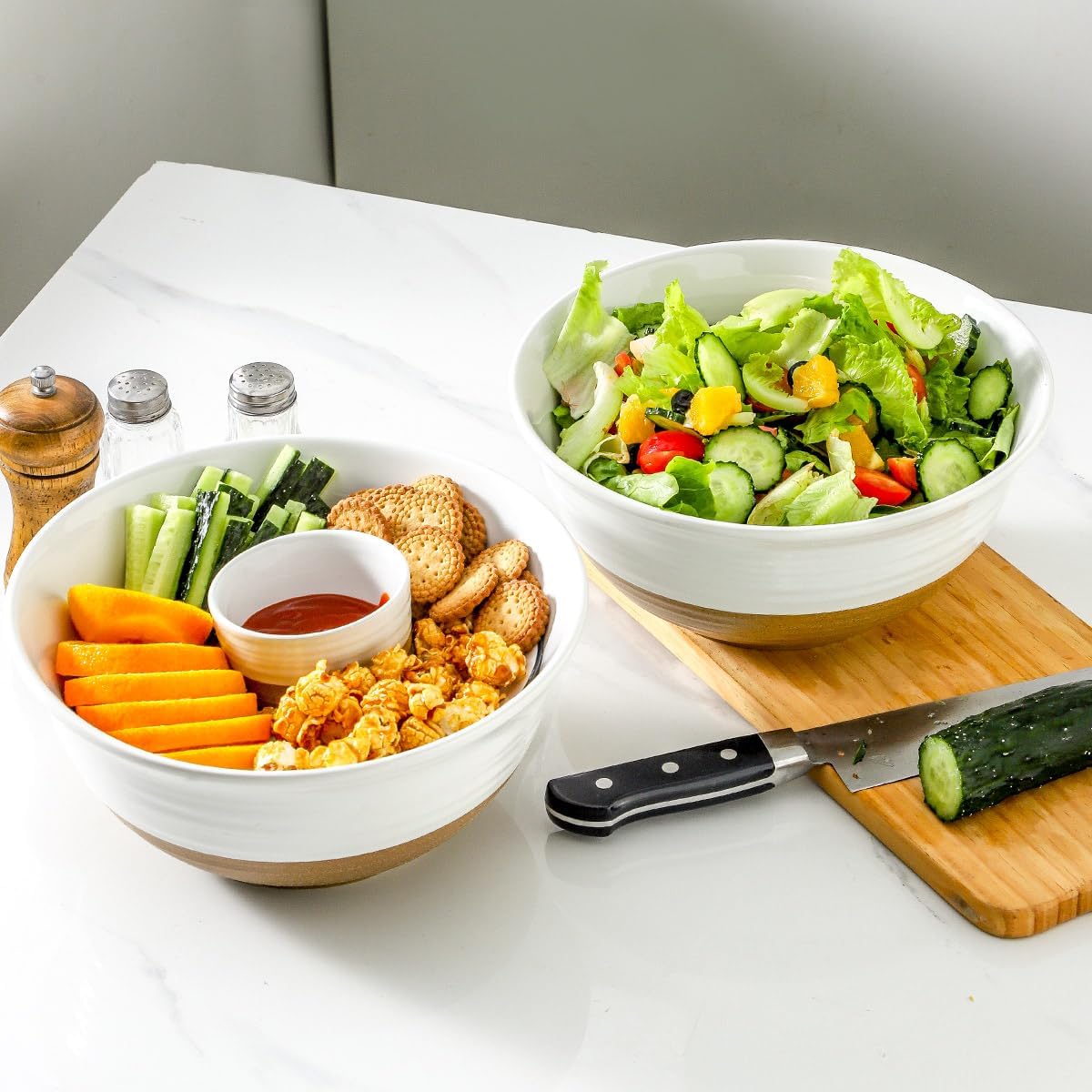 Hasense Serving Bowls, 9 Inch Ceramic Salad Dish for Kitchen, 84 Ounce Large Mixing Bowls for Cooking, Side Dishes, Baking, Popcorn, White Serving Dishes Set of 2, Dishwasher Microwave Safe