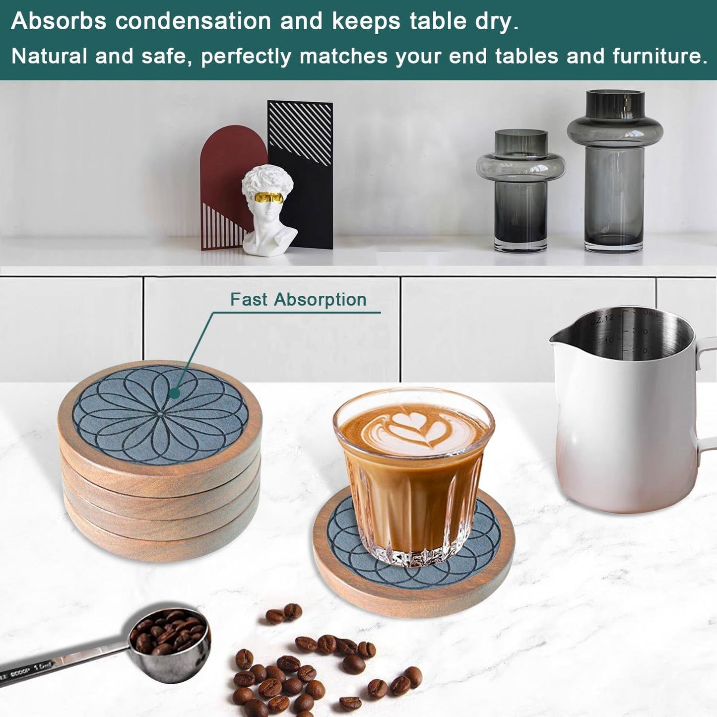 5 Pack Wood Coasters for Drinks, Minacun Absorbent Coaster Set, Drinks Coasters for Coffee Tabletop Protection, Non-Slip, Non-Stick, Suitable for Kinds of Cups Wooden Table Drink, 4.3 Inch Gray