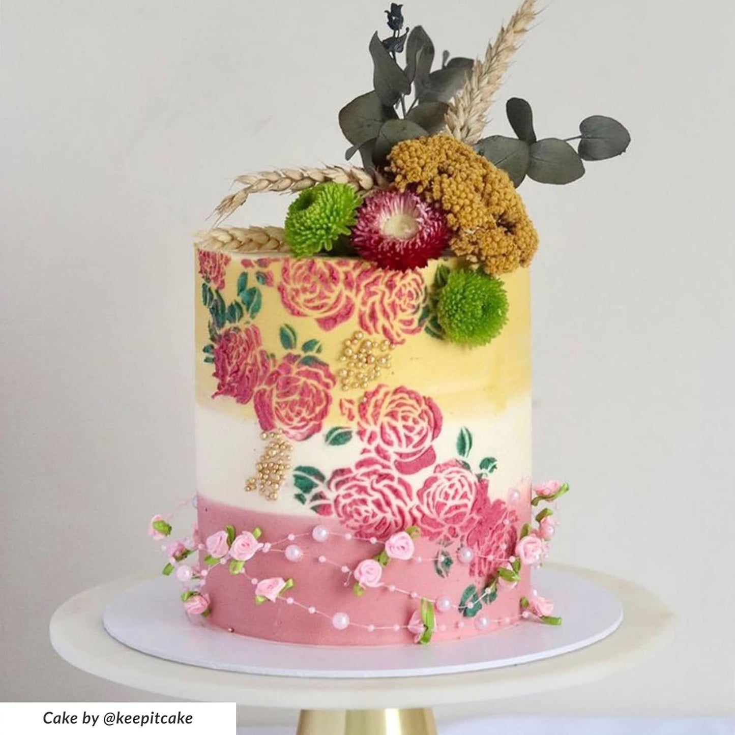 Rose Cake Stencil - Seamless Delicate Pattern for Decorating Tall Double Barrel Cake to Use with Buttercream, Royal Icing, Ganache, Paint, Airbrush (ROSA)