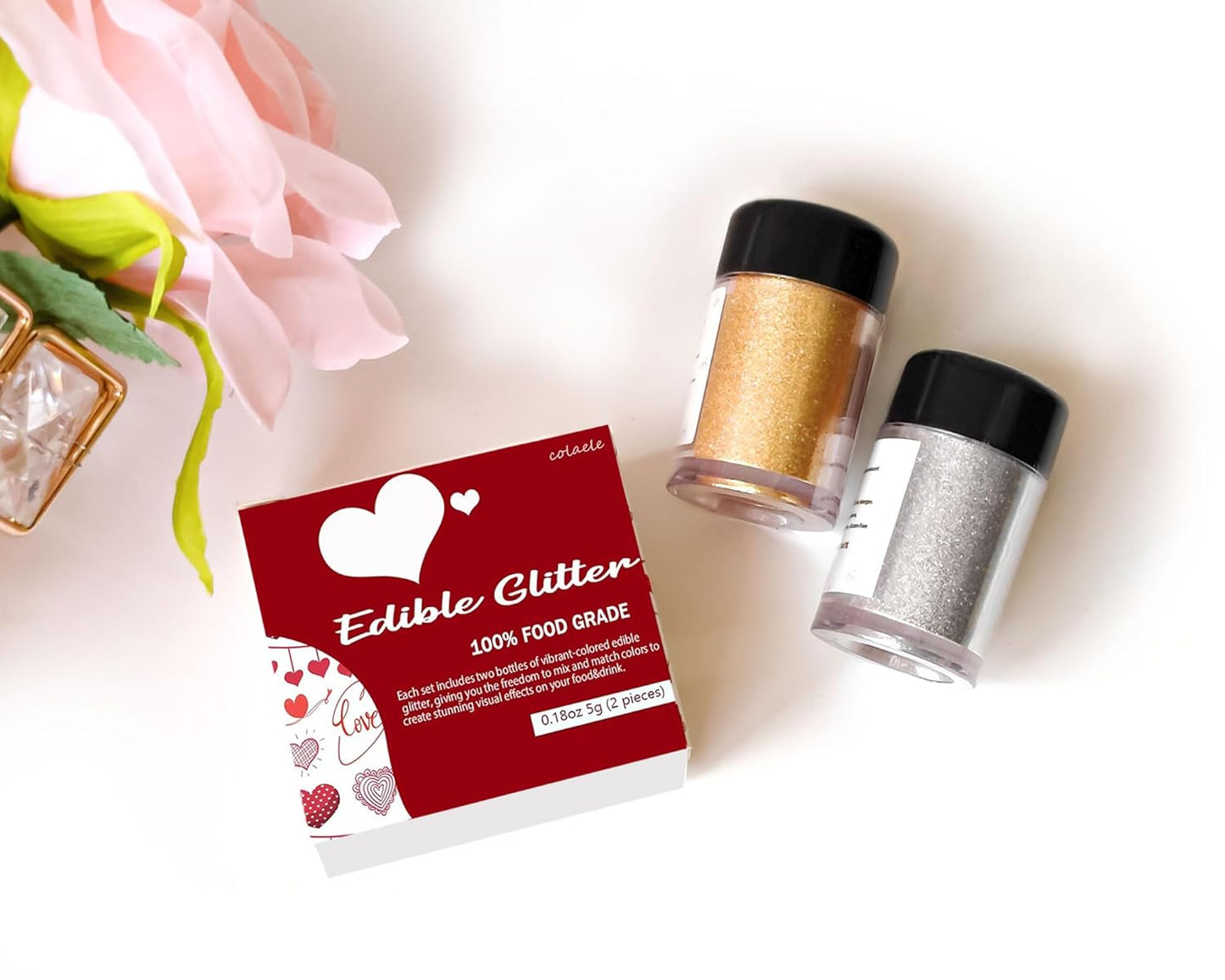 Gold Silver Edible Glitter Glimmer Powder for Cakes Drinks - Colaele 5 grams Food Grade Luster Dust Metallic Food Decorating Sprinkle Disco Brew Dust for Cake Decorations Wine Beverage Dessert, Vegan