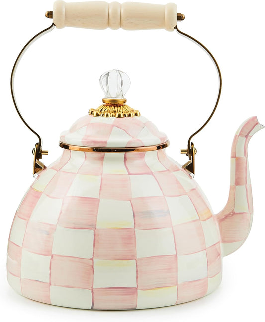 MACKENZIE-CHILDS Enamel Tea Kettle, Stylish Tea Kettle for Stovetop, Pink-and-White Rosy Check, 3 Quarts