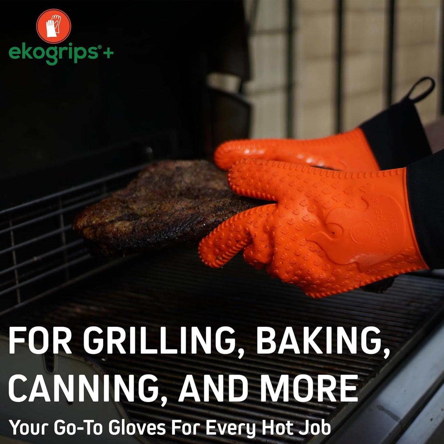 Ekogrips+ Premium Silicone Oven Mitts - Comfy, Waterproof, Heat Resistant BBQ Gloves for Grilling, Long Cuff for Added Protection, 5 Finger Dexterity, 3 Sizes, 4 Colors, L/XL, Grey