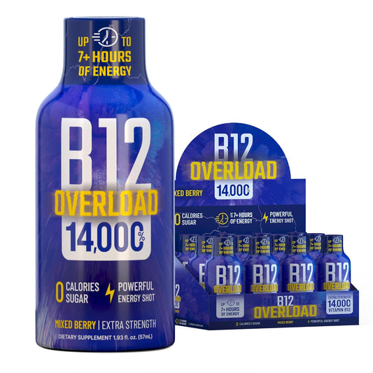 B12 Overload Extra Strength Energy Shot – Mixed Berry – 260mg Caffeine, 14000% B12, Electrolytes – Energy & Vitality Support – Zero Sugar No Calories – Vegan, Kosher, Gluten-Free – 1.93 fl oz, 12-Pack